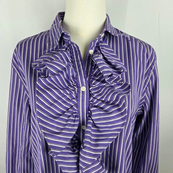 Lauren Ralph Lauren Shirt Large Purple Striped Button-Up Shirt Ruffle Academia - Picture 3 of 10